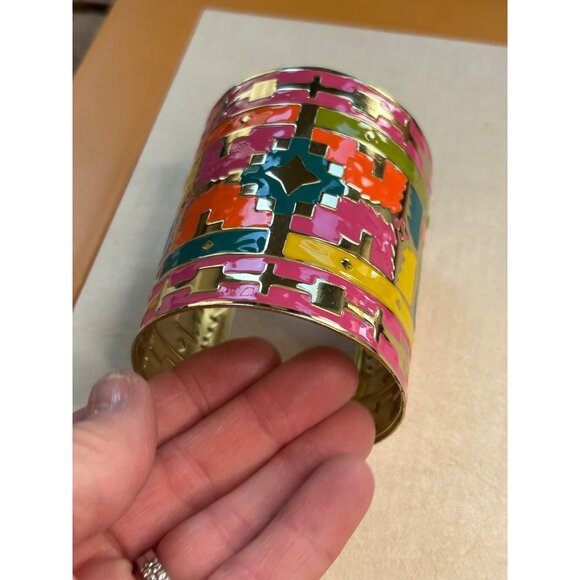 Colorful Geometric Wide Cuff Bracelet With Gold-Tone Interior & Enamel Overlay - - Picture 6 of 8